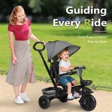 Kinder King Kids Tricycle, 7 In 1 Folding Toddler Trike W/Adjustable Push Handle, Rotatable Seat, Adjustable Canopy, Safety Harness, Storage, Toddler Stroller Bike, Gray - 灰色 - 查看 2