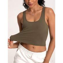 Women Rib Tank Top Padded Workout Top Square Neck Crop Tank Fitted Basic Cami Tops - Olive Vibe - View 6