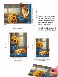 5D DIY钻石画 | 美丽的阳光场景马赛克套装，阳光洒在向日葵上，一只小猫在酣睡。DIY钻石画套装。高清手工装饰画。钻石画礼品，专注身心，DIY解压。 - 彩色 - 查看 3