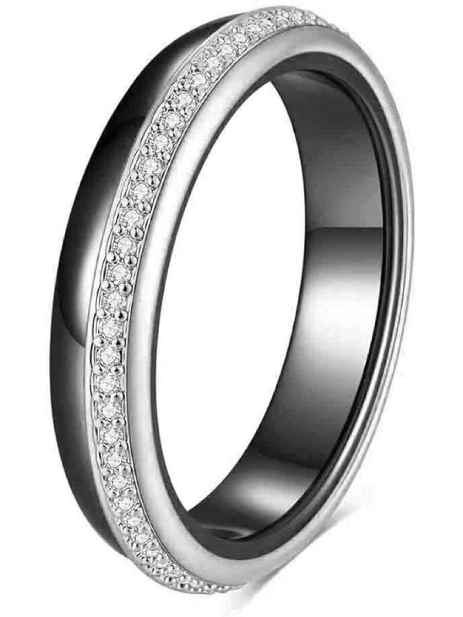 6mm White/Black Ceramic Rings Plus Cubic Zirconia For Women Comfort Fit Engagement Wedding Band Size 5-122025 - 4mm Black & Silver - View 1