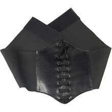 Waist Cincher Corset Wide Band Elastic Tied Waspie Belt Leather Soft Adjustable Black - 1 - 查看 3