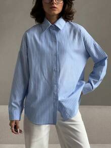 Women's Oversized Striped Light Blue Office Shirt,Women's Korean Style Blouse - Vertical Stripes, Long Sleeve Office & Daily Wear Blue/White Horizontal Stripes Classic Button Front Shirt, Loose Fit Button-Up Top, All-Season Casual Formal Wear, Versatile Fabric, Retro Collar Design, Durable Fabric, Workwear, Breathable Material, Professional Women's Shirt, Women's Blouse