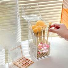 1pc Sanrio Cartoon Cute Cosmetic Storage Box, Portable Tabletop Lipstick Brush Holder, Transparent Box With Cover, Pen Holder, Makeup Brush Organizer, Gift