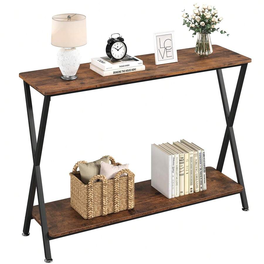 Consola estrecha, mesa de sofá pequeña, mesa de entrada de dos niveles con estantes detrás del sofá, estante de exhibición para la entrada, para sala de estar, dormitorio, vestíbulo, pasillo, recibidor. - Granate - Ver 1