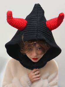 1 Piece Ladies' Hat Devil Horns Knitted Hooded Hat - Black With Red Horns, Unisex Novelty Costume Accessory Soft And Warm, Fall / Winter
