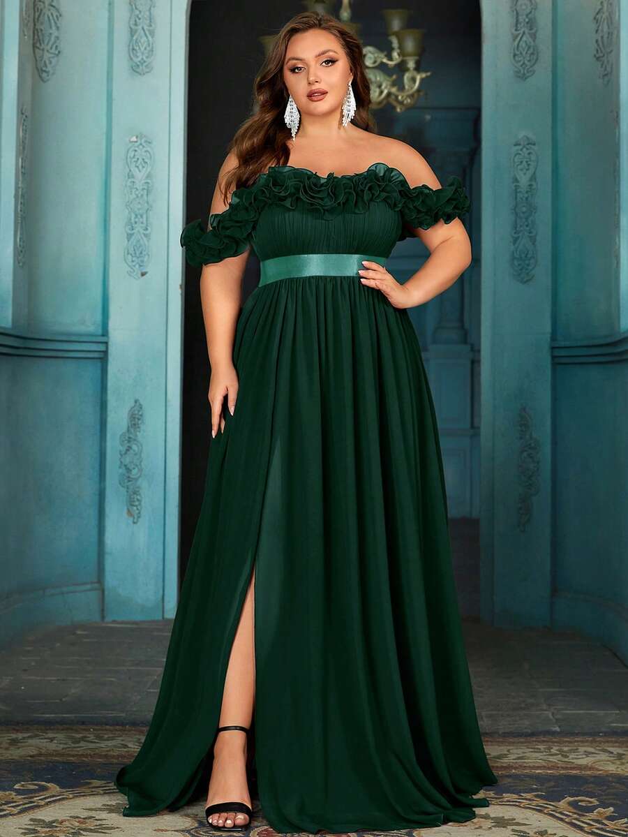 QOQ Noble Abendkleid für Damen Große Größen für formelle Anlässe, Geburtstagsfeiern, High Society Dinner, einfarbiges Kleid mit Blumen Dekor, Carmen-Ausschnitt