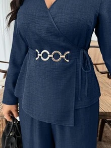 Doriss Große Größen 2-teiliges Anzug-Set mit Taillengürtel, V-Ausschnitt, Metallschnalle, Langarm, einfarbig, Hoher Kragen, Herbst, Damenmode