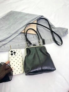 Women's PU Leather Crossbody Bag With Round Polka Dots, Vintage Style Handbag With Buckle Closure And Adjustable Shoulder Strap, Solid Color And Lightweight City Tote Bag - 黑色 - 查看 10