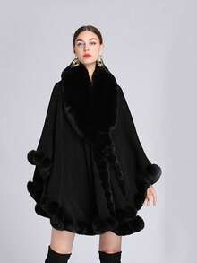 Elegant 1pc Ladies' Multicolored Faux Cashmere & Collar Knitted Cape Shawl, Windproof & Sunproof, Warm And Soft, Suitable For Daily Wear, Party, Festival, Banquet - Black - View 13
