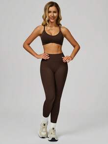 MASKERT 女士休闲修身户外瑜伽背心套装、高弹力跑步运动套装、瑜伽服套装 - 咖啡棕 - 查看 5