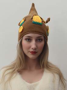 1 Piece Ladies' Hat Crochet Castle-Themed Hat With Yellow & Teal Accents, Brown Knitted Beanie For Cosplay & Winter Wear