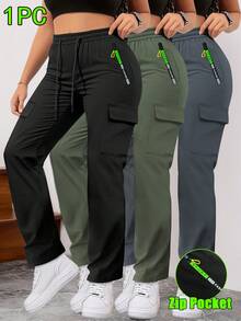Hidkat Women's Autumn New Casual Zippered Pocket Cargo Pants, Drawstring Elastic Waist, Lightweight And Breathable, Cargo Pockets, Casual Outdoor Trousers, Suitable For Daily Outdoor Wear. - màu đen - Xem 1