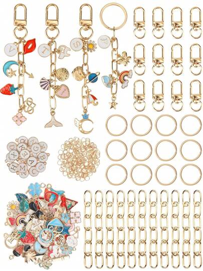 26-208 ชิ้น ชุดทำพวงกุญแจ, ชุดจี้ DIY ประกอบด้วยจี้แบบสุ่ม, คลิปพวงกุญแจ, ห่วงกุญแจ, โซ่ต่อ, ห่วงกระโดด, อุปกรณ์งานฝีมือ DIY