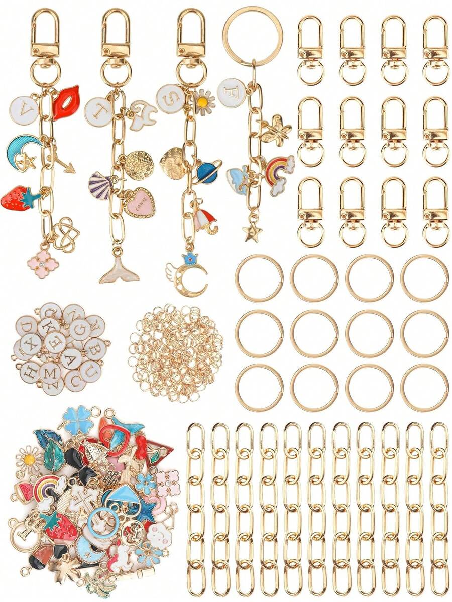 26-208 件钥匙扣制作套件，DIY 吊坠套装包括随机吊坠、钥匙扣夹、钥匙圈、延长链、跳环、DIY 工艺用品