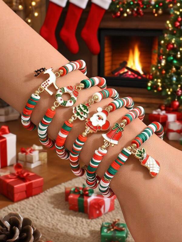 6 Stücke Weihnachts-Armbänder - Rentier, Weihnachtsmann, Weihnachtsbaum, Weihnachtsstrumpf, Weihnachtsglocke, weiche Dekoration, Weihnachtsgeschenk-Armbänder für Frauen, süße Weihnachts-Armbänder im Großpackung, stapelbare Perlen-Armbänder