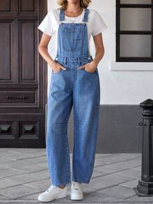 Nuovi salopette di jeans classiche e carine per donna, pantaloni a vita alta larghi a gamba ampia con molteplici tasche pratiche, tessuto morbido adatto a varie occasioni casual come scuola, viaggio, appuntamenti e shopping - Blu lavato medio - Visualizzare 2