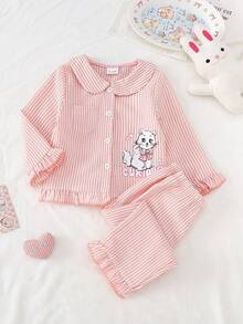 2pcs/Set Baby Girl Cute Cat Print Striped Fabric Casual Pajama Set