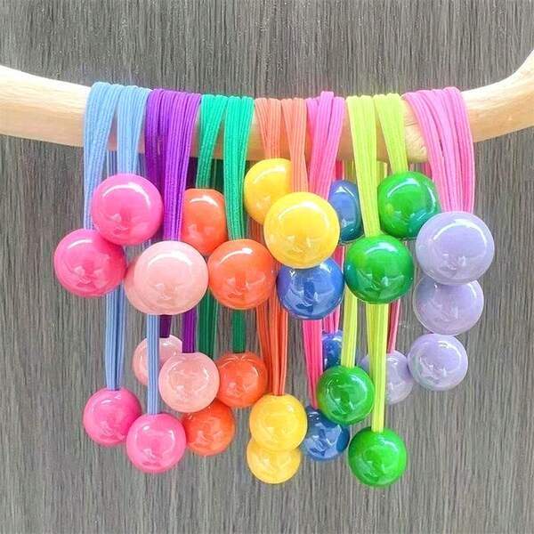 Set de 7 piezas de coleteros con pompones de colores aleatorios, accesorios para el cabello de color caramelo con alta elasticidad, sujetadores de cola de caballo de doble extremo, sin daños, agarre fuerte, adecuados para uso diario, atuendo de gimnasio y deporte, bandas elásticas para el cabello, gomas para el cabello