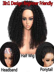 3 IN 1 Half Wig Kinky Curly Human Hair 200 Density Glueless Wear And Go Headband Wig Afro Curly Flip Over Quick Weave Glueless Install 100% Natural Hairline Beginner Friendly Half Human Hair Wig For Women