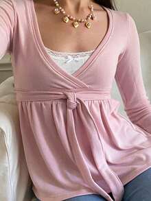 Women Y2K Babydoll Knit Tops Long Sleeve Lace Patchwork Low Cut Peplum Sweater Fairy Vintage 90s Coquette Blouse - 粉色 - 查看 3