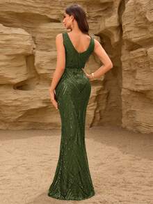 Summer Women's Sequin Sleeveless Mermaid Hem Sparkly Formal Gown , Elegant Party Dress, Formal Wedding Guest Dress, Graduation Ceremony Dress, Evening Gown - 橄欖綠 - 查看 2