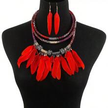 1 件波西米亚风格羽毛项链和 1 对羽毛耳环女士首饰套装