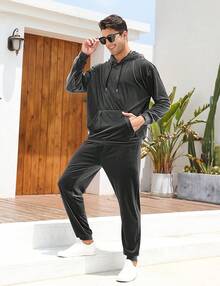Mens 2 Piece Velour Hoodie Tracksuit Long Sleeve Velvet Hooded Pullover Casual Athletic Jogging Sweatsuit Set-2025 - 灰色 - 查看 7