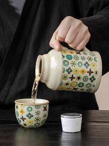 1 Set Ash Gray Cracked Ceramic Teapot With 1 Cup And 1 Lid, Retro Small Insulated Teapot, Ceramic Infuser Teapot, Office Water Cup, Suitable For Gifts Or Home Use - Multicolor - View 3