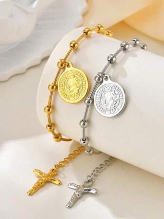 1pc Vintage Stainless Steel Saint Benedict Cross & Snake Bead Chain Bracelet, Religious Christian Jewelry For Women