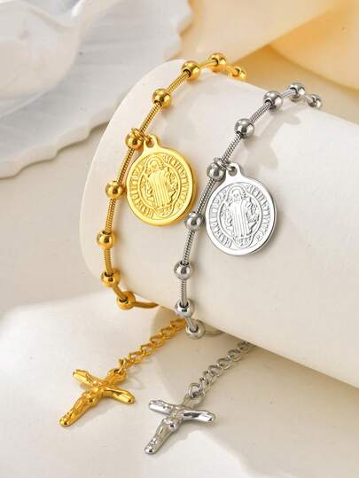 1 pieza Pulsera de cadena con cuentas y cruz de San Benito y serpiente, de acero inoxidable vintage, joyería religiosa cristiana para mujeres