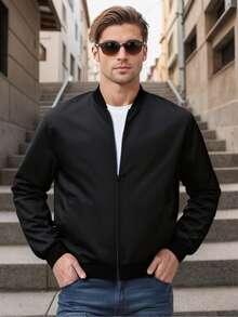 Outdoor Sports Casual Stand Collar Baseball Uniform Solid Color Zip-Up Jacket, Father's Day - Black - View 3