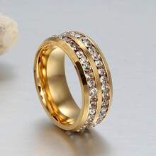 1pc Luxury Artificial Zirconia Rhinestones Couple Rings For Lover's Valentine's Day Gift Fashion Gold Color Engagement Wedding Band - 女戒 - 查看 6