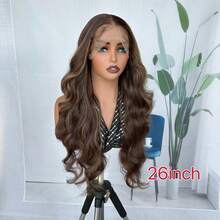 13*6 瑞士蕾丝前波浪中分假发，26 英寸预拔合成假发，含婴儿头发，渐变蜂蜜金色，适合日常佩戴、派对和活动 - 咖啡棕 - 查看 4