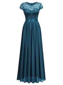 MIUSOL Elegant Women's Sequin Floral Lace Contrast Chiffon Maxi Dress With Pleated Hem,  Perfect For Easter, Mother Day, Evening Party, Wedding Guest, Anniversary Balls - Màu xanh bụi bặm - Xem 7