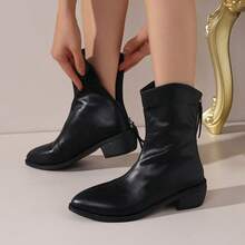 Vintage Elegant Sweet & Cool Black And White Pointed Toe Mid-Calf Boots For Women, High-Quality Soft Leather, Minimalist Design, Versatile For Daily Wear, Dates, Commuting, Parties, Suitable For Autumn/Winter Outfits Like Coats And Dresses, Perfect For Valentine's Day, Christmas, Halloween, Graduation Season, Fashionable Women Shoes In Black And White