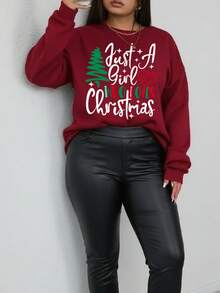 Plus Size Cozy Thermal Lined Crewneck Sweatshirt For Women - Christmas Letter Line Tree Print Casual Daily Wear Top, Holiday Versatile Fashion - Burgundy - View 4
