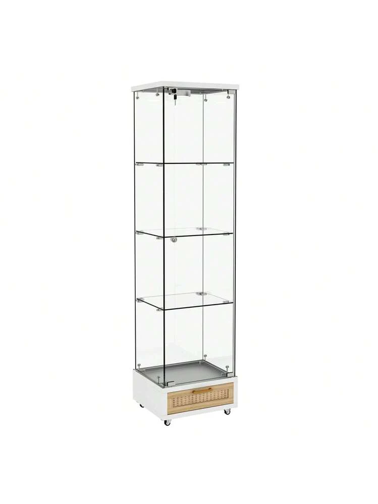 LED照明＆引き出し付き ガラスディスプレイキャビネット｜鍵付き強化