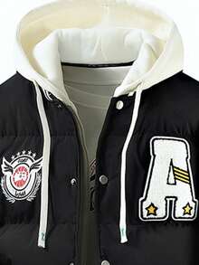 Men's Front Zipper Long Sleeve Letter Print Hooded Padded Coat, Casual Everyday Wear , Fall Winter