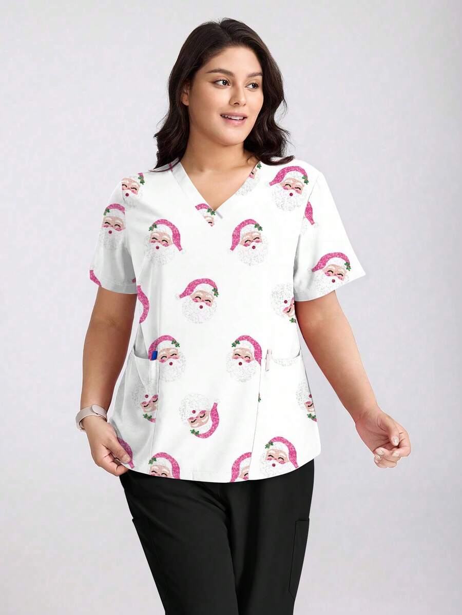 cimmuovere Plus Size Damska koszulka z dekoltem w serek i krótkim rękawem, z nadrukiem Świętego Mikołaja, z nadrukiem, do pielęgniarstwa, odzież robocza, do dentysty, dla zwierząt, do szpitala, laboratorium