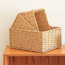 1 قطعة/3 قطع صندوق تخزين مكتبي، صينية للمكياج والمفاتيح والوجبات الخفيفة، سلة تخزين من الخوص للمنزل وغرفة المعيشة، سلة تخزين مُنسوجة، مناسبة لغرفة النوم وغرفة المعيشة والمكتب، منظم مكتبي يدوي الصنع - كاكي - مشاهدة 8