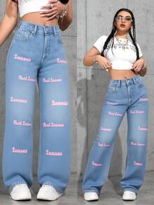Jeans casuales de uso diario de ajuste regular para mujer, Jeans para mujer, Jeans holgados para mujer, Vaquera, Día de San Patricio, Ropa de calle para mujer, Jeans holgados brillantes, Pantalones de pierna ancha - Azul lavado medio - Ver 1