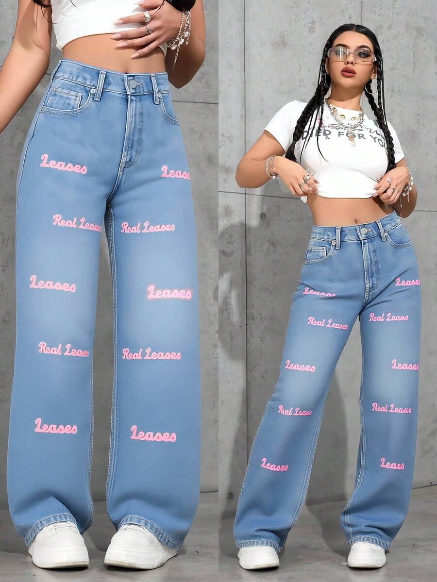 Jeans casuales de uso diario de ajuste regular para mujer, Jeans para mujer, Jeans holgados para mujer, Vaquera, Día de San Patricio, Ropa de calle para mujer, Jeans holgados brillantes, Pantalones de pierna ancha - Azul lavado medio - Ver 1