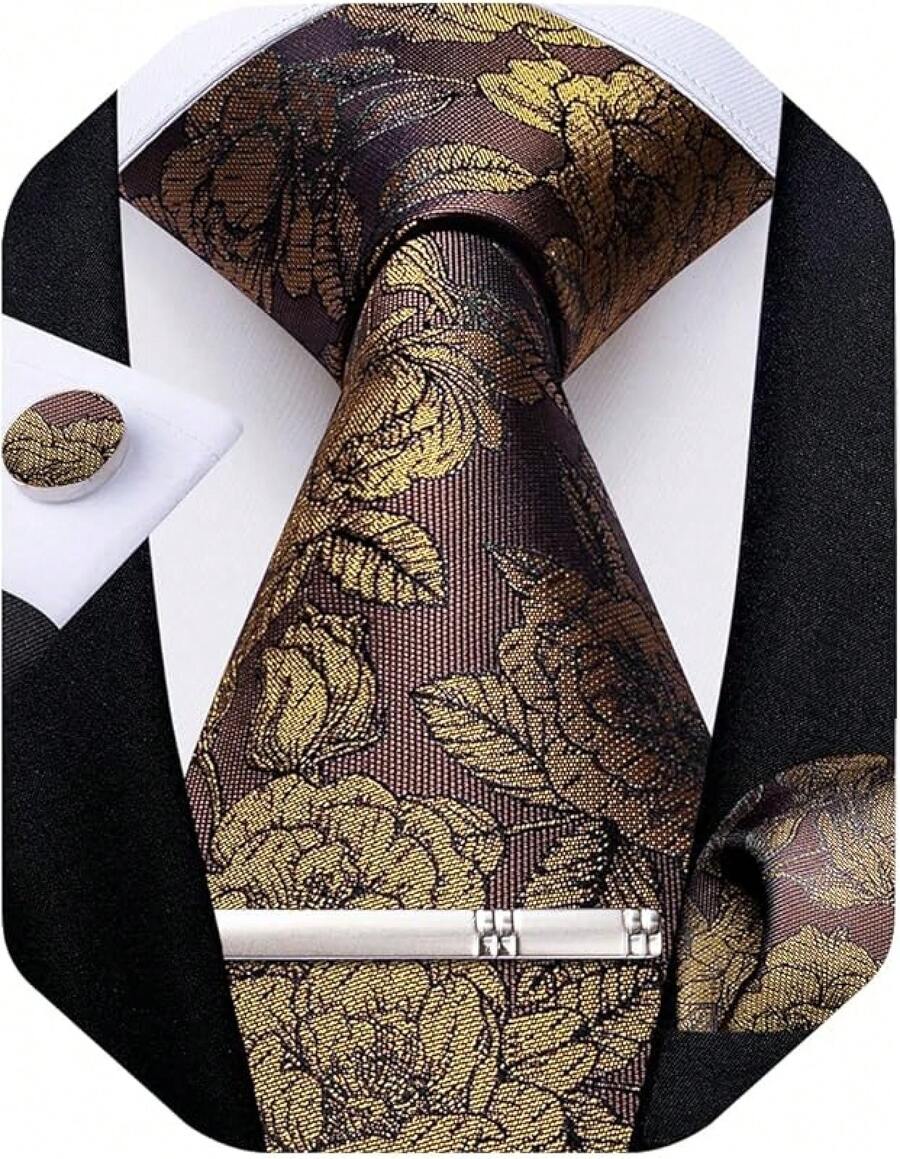 Silk Floral Necktie Set With Tie Clip, Handkerchief & Cufflinks - Brown and Yellow - View 1