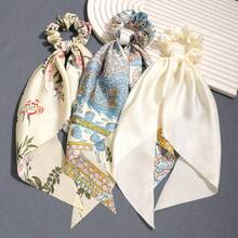 3件套缎面纯色围巾套装，艺术三角围巾头饰，马尾辫发圈，发绳，橡皮筋，发圈，发绳，弹性发带，发饰，家居美容女士配饰礼品头饰弹性发带 - 米色 - 查看 5