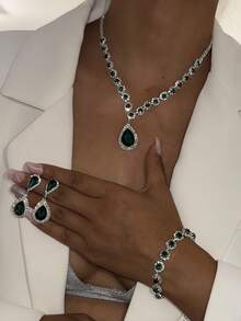 3pcs Rhinestone Water Drop Necklace, Bracelet And Earrings Set, Fashionable Luxury High-End Pendant Choker Necklace Wedding/Party Dress Accessories
