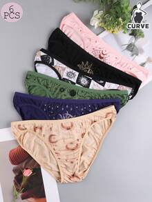 6 Pack Women's Low Waist Printed Underwear, Soft Comfortable Casual Loose-Fit Panties, All Season Wear, Multi-Color Design,,Plus Size Summer - 彩色 - 查看 1
