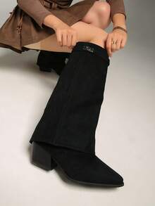 Western Style Holiday High Heel Retro Brown Maillard Mid-Calf Boots For Women, Knee-High Boots, Fall, Winter, 2025 New Autumn Western Cowboy Pants Tube Long Riding Boots,Party