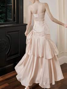 闪亮褶皱荷叶边下摆派对连衣裙，优雅珠光吊带演唱会礼服，时尚婚礼伴娘正式生日返校礼服，夏秋季 - 淺粉色 - 查看 2