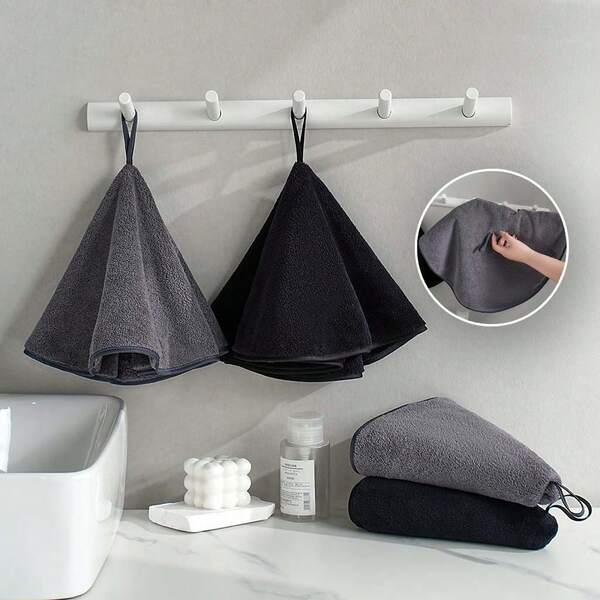 2 piezas Juego de toallas de cocina, toalla negra, toalla de microfibra súper suave, juego de toallas de mano para baño, suave, absorbente, secado rápido, toalla de mano redonda con cuerda colgante, negro y gris, 50*50cm/20*20 pulgadas