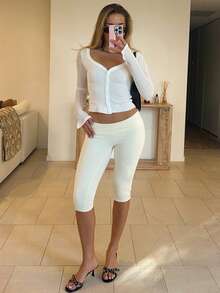 Awevudst Women Fold Over Capri Yoga Pants Low Rise Knee Length Stretch Skinny Leggings Summer Fall Party Going Out Crop Pants Y2K Streetwear Sportwear - 黃色 - 查看 2